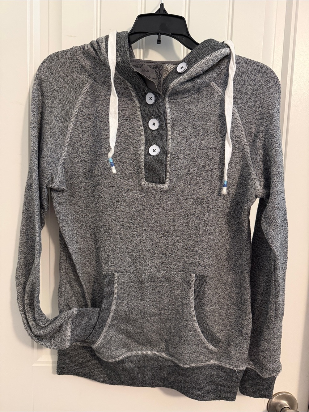 Women's Gray Hooded Pullover sweater with Buttons heathered knit